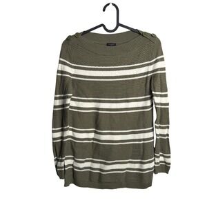 Talbots Striped Sweater SP Petite Olive‎ Green Button Shoulder Nautical Coastal